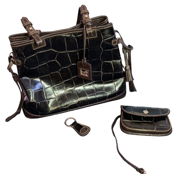 DOONEY & BOURKE Black Croc Embossed Leather Tote Bag w/Clutch and Keychain - Picture 2 of 16